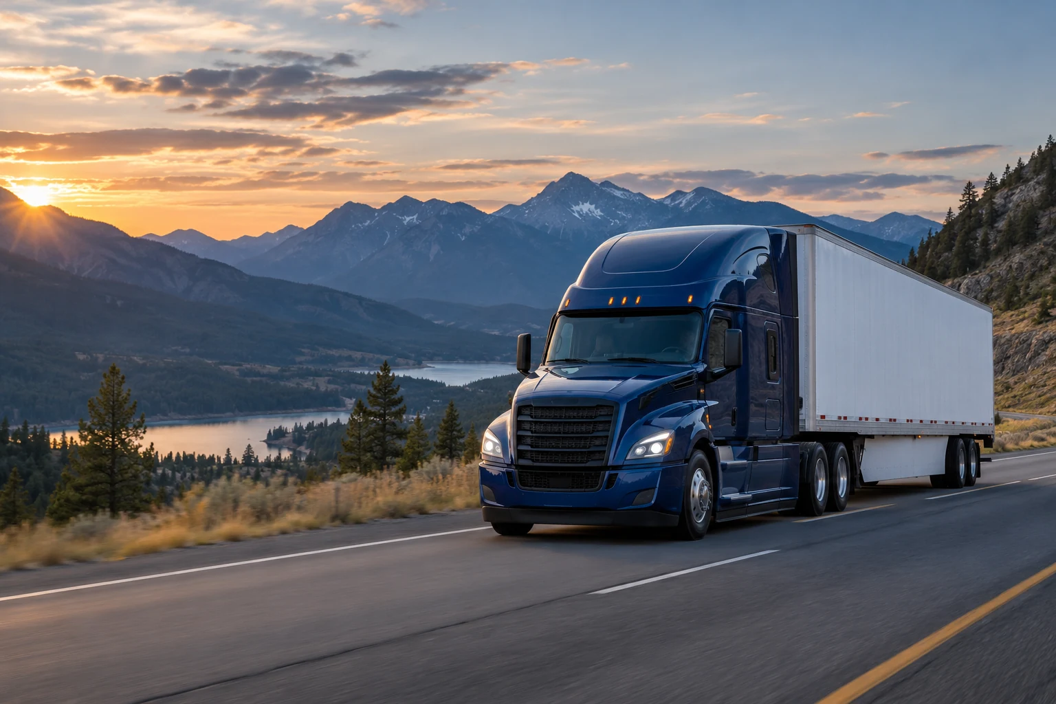 A semi truck carrying a dry-van trailer on an open mountain highway